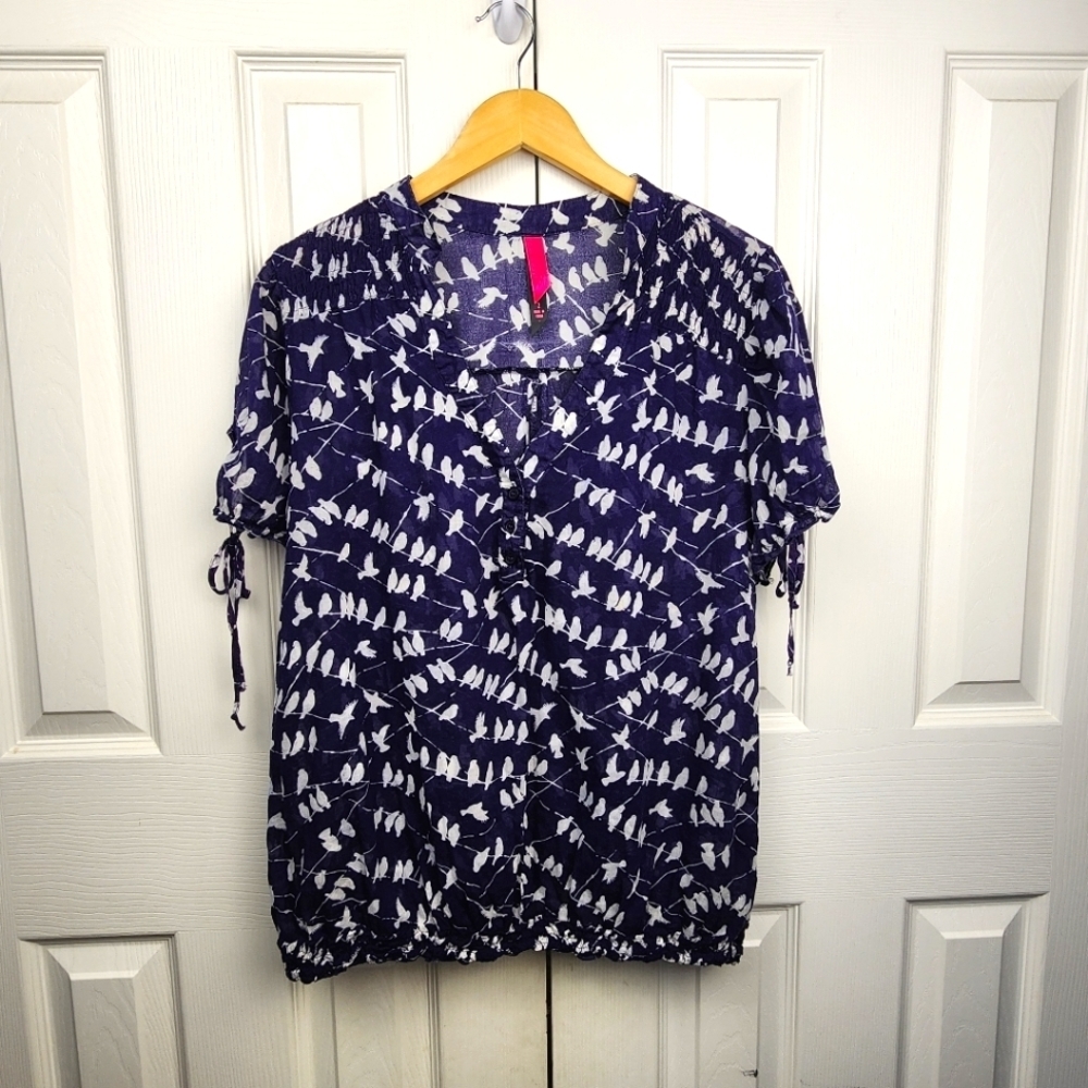 Pure Energy Navy with White Novelty Bird Print Cotton Blouse Size 2 (XL)